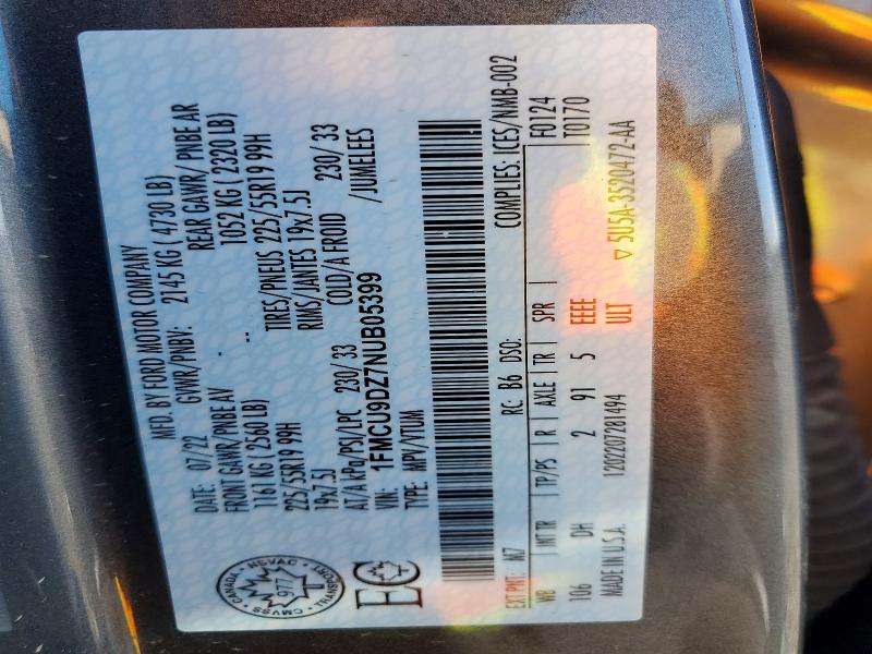 52694786 :رقم المزاد ، 1FMCU9DZ7NUB05399 vin ، 2022 Ford Escape مزاد بيع