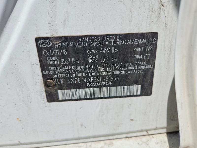55067106 :رقم المزاد ، 5NPE34AF3KH751655 vin ، 2019 Hyundai Sonata مزاد بيع