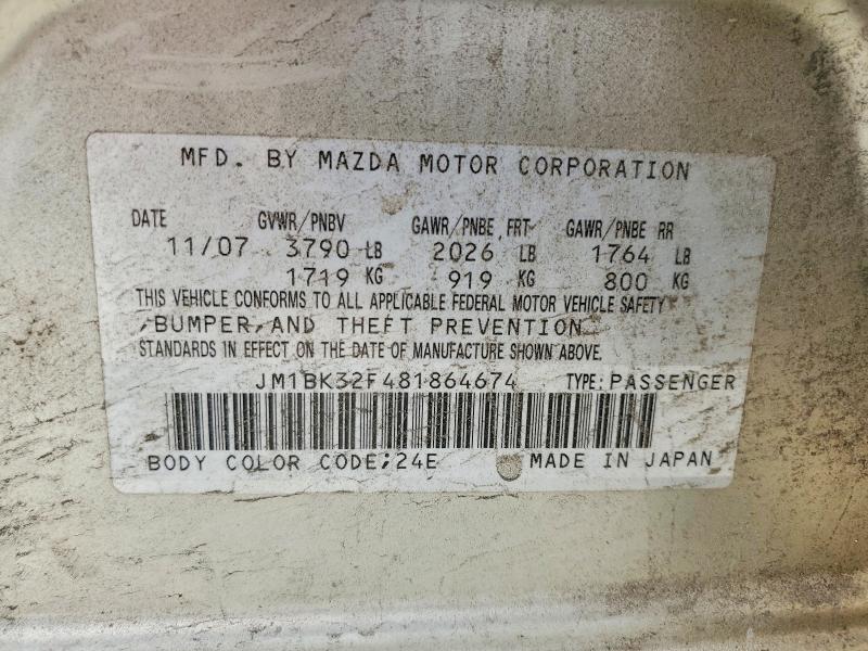 Aukcja sprzedaży 2008 Mazda 3, vin: JM1BK32F481864674, numer aukcji: 55112256