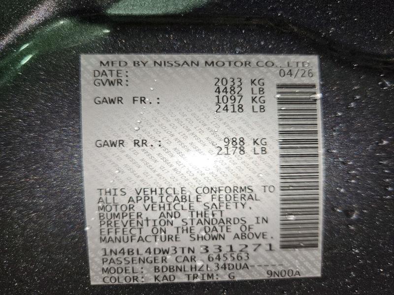 2026 Nissan Altima მანქანა იყიდება აუქციონზე, vin: 1N4BL4DW3TN331271, აუქციონის ნომერი: 55274386