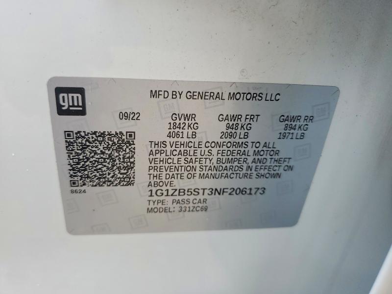 54861436 :رقم المزاد ، 1G1ZB5ST3NF206173 vin ، 2022 Chevrolet Malibu مزاد بيع