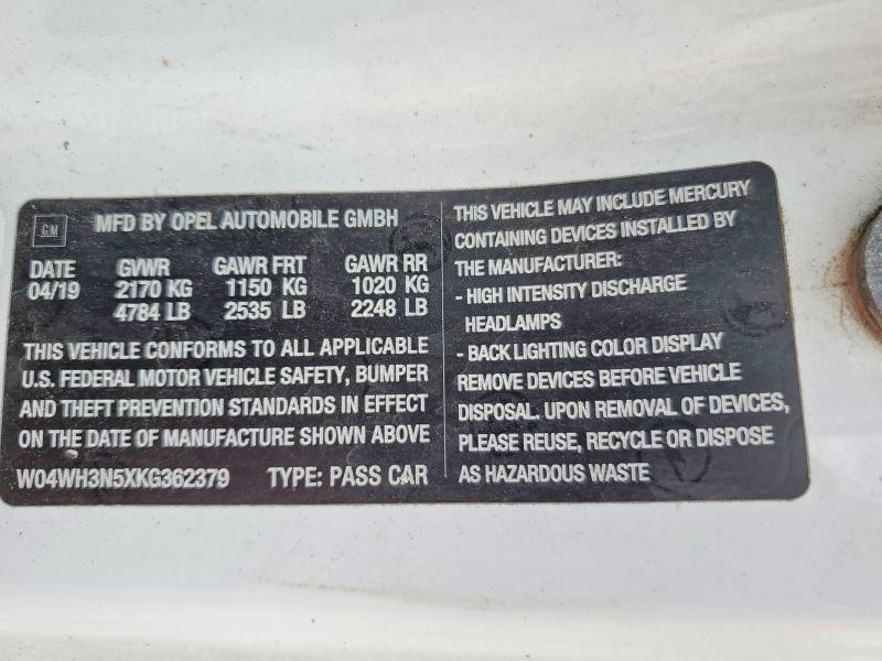 2019 Buick Cascada მანქანა იყიდება აუქციონზე, vin: W04WH3N5XKG362379, აუქციონის ნომერი: 53692176