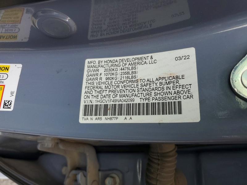 54506106 :رقم المزاد ، 1HGCV1F49NA042099 vin ، 2022 Honda Accord مزاد بيع