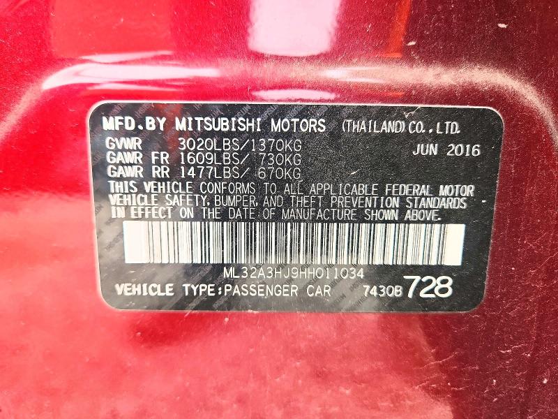 Продаж на аукціоні авто 2017 Mitsubishi Mirage, vin: ML32A3HJ9HH011034, номер лоту: 52564796