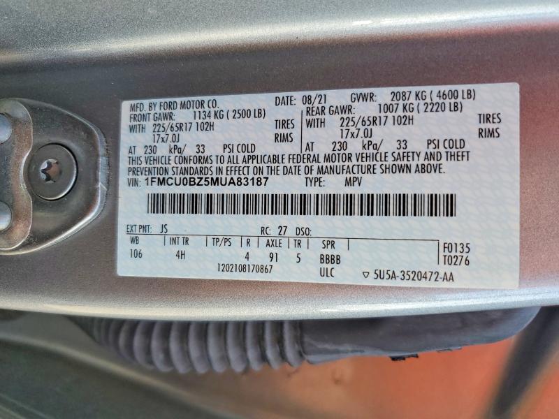 2021 Ford Escape მანქანა იყიდება აუქციონზე, vin: 1FMCU0BZ5MUA83187, აუქციონის ნომერი: 55281726