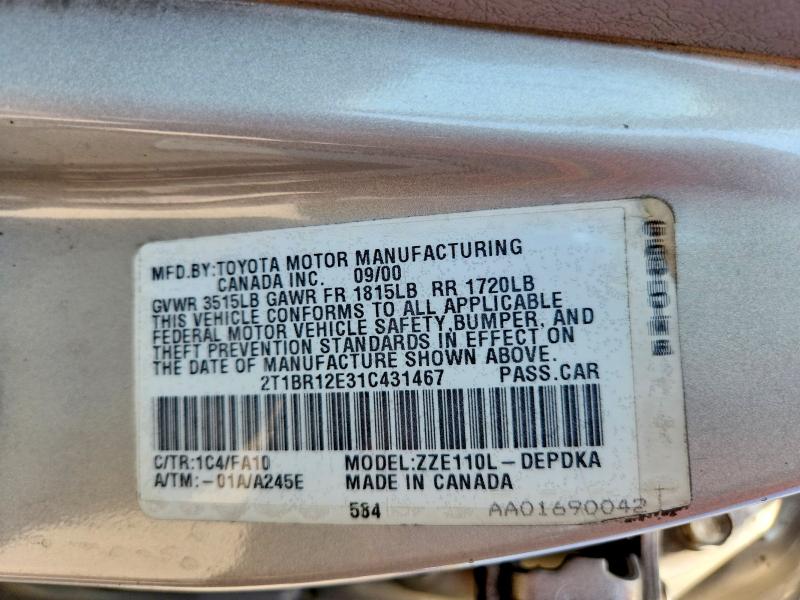 Продаж на аукціоні авто 2001 Toyota Corolla, vin: 2T1BR12E31C431467, номер лоту: 52101706