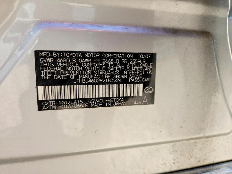 Продажа на аукционе авто 2008 Lexus Es, vin: JTHBJ46G282183224, номер лота: 54091446