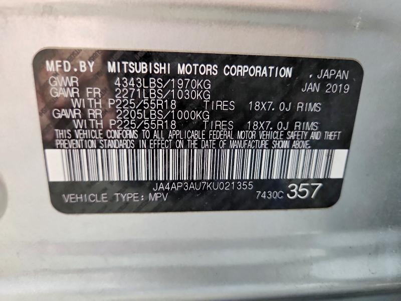 2019 Mitsubishi Outlander Sport მანქანა იყიდება აუქციონზე, vin: JA4AP3AU7KU021355, აუქციონის ნომერი: 54917666