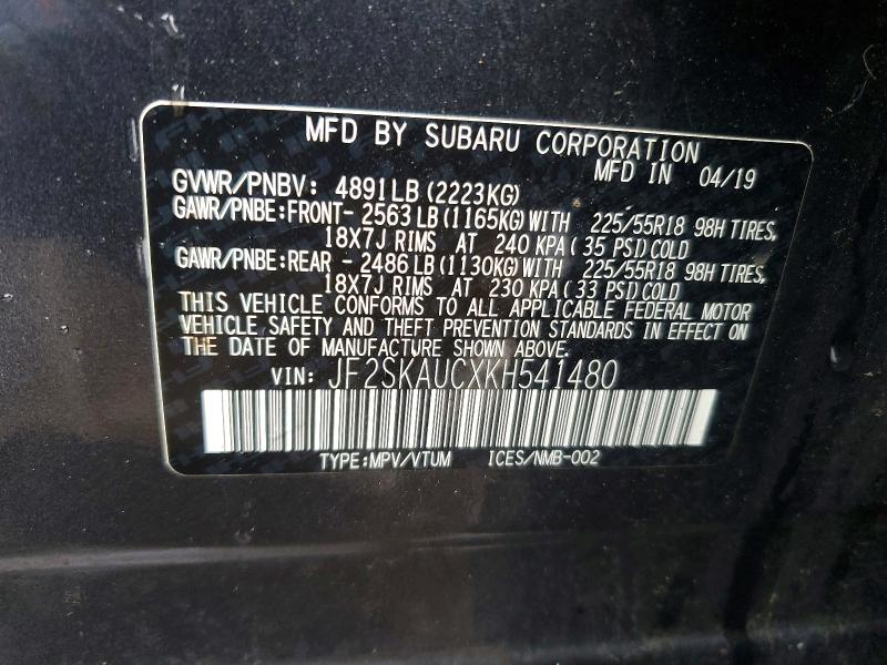Продаж на аукціоні авто 2019 Subaru Forester, vin: JF2SKAUCXKH541480, номер лоту: 52835296