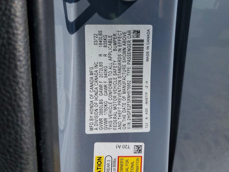 54506916 :رقم المزاد ، 2HGFE2F5XNH576662 vin ، 2022 Honda Civic مزاد بيع