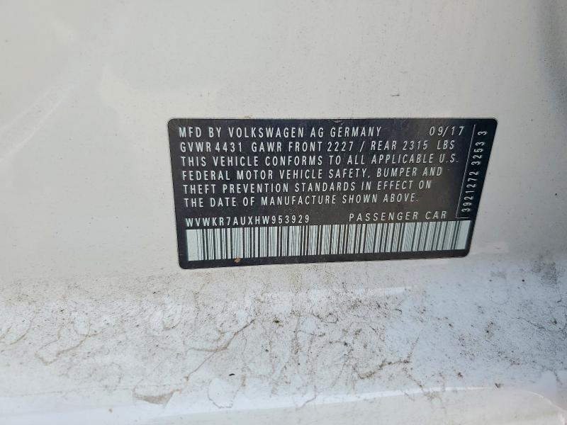 Продаж на аукціоні авто 2017 Volkswagen E-golf, vin: WVWKR7AUXHW953929, номер лоту: 54767026
