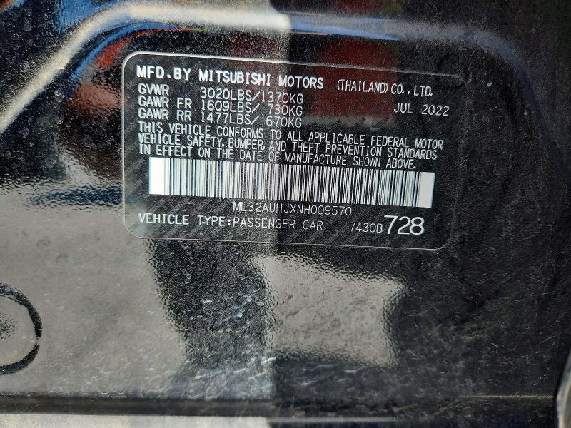 2022 Mitsubishi Mirage მანქანა იყიდება აუქციონზე, vin: ML32AUHJXNH009570, აუქციონის ნომერი: 53750746