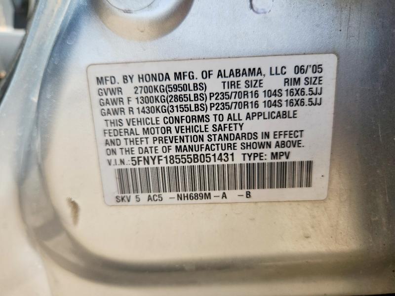 55616816 :رقم المزاد ، 5FNYF18555B051431 vin ، 2005 Honda Pilot مزاد بيع