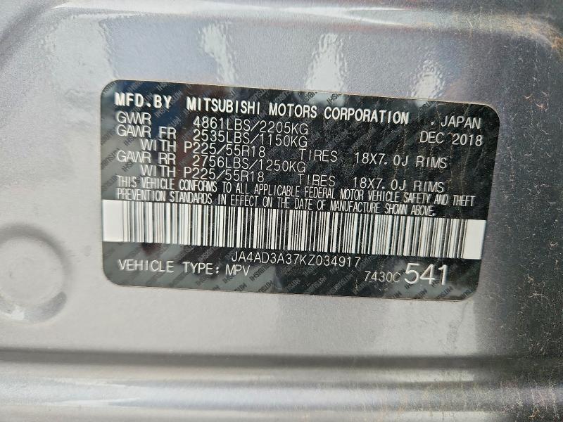 2019 Mitsubishi Outlander მანქანა იყიდება აუქციონზე, vin: JA4AD3A37KZ034917, აუქციონის ნომერი: 53902706