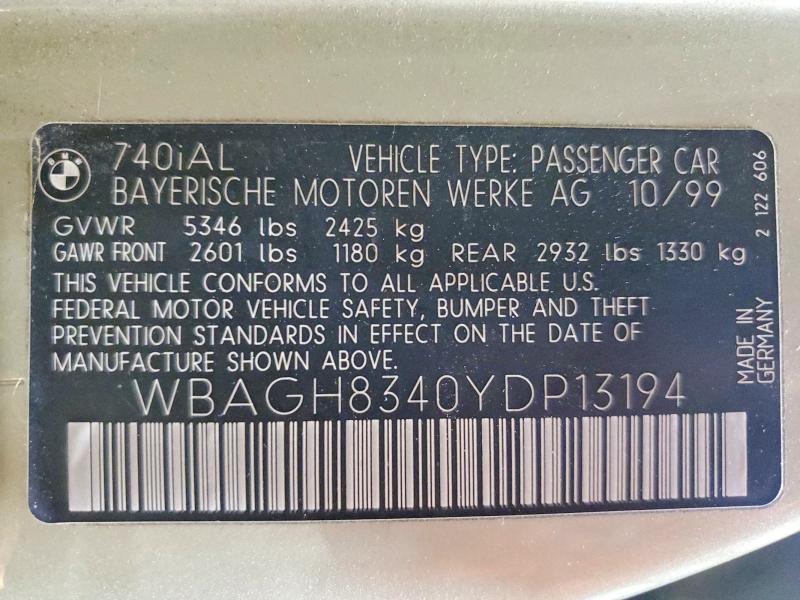 Продажа на аукционе авто 2000 Bmw 740, vin: WBAGH8340YDP13194, номер лота: 52991896