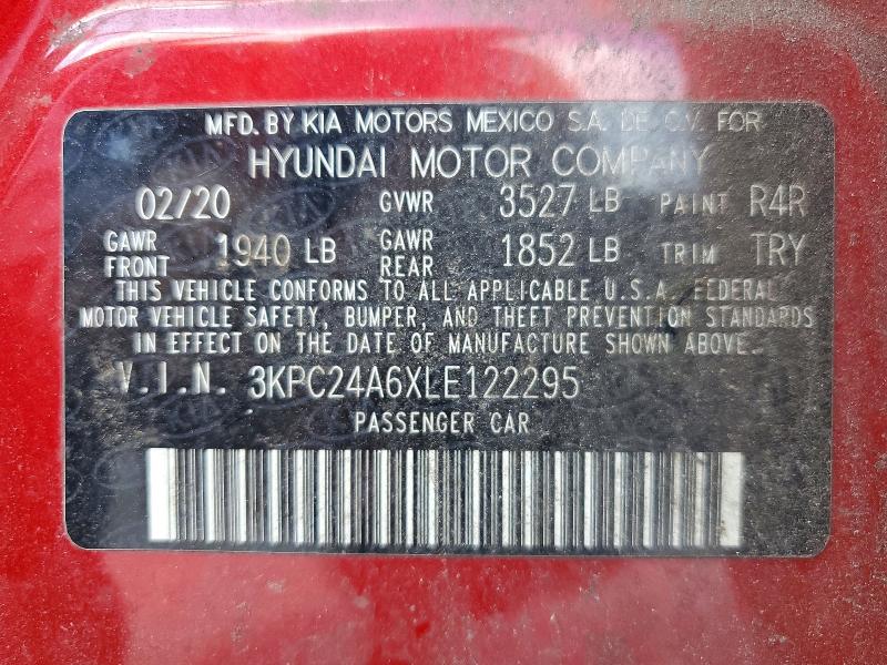 2020 Hyundai Accent მანქანა იყიდება აუქციონზე, vin: 3KPC24A6XLE122295, აუქციონის ნომერი: 53981106
