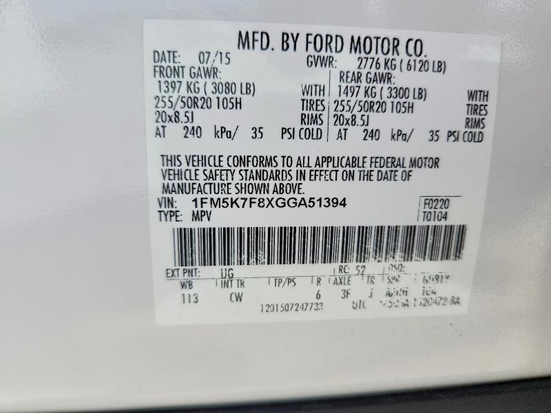 54686776 :رقم المزاد ، 1FM5K7F8XGGA51394 vin ، 2016 Ford Explorer مزاد بيع