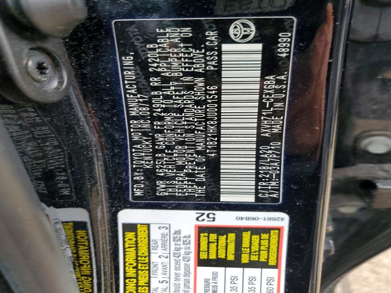 52369436 :رقم المزاد ، 4T1B21HK8JU001546 vin ، 2018 Toyota Camry Hybrid مزاد بيع