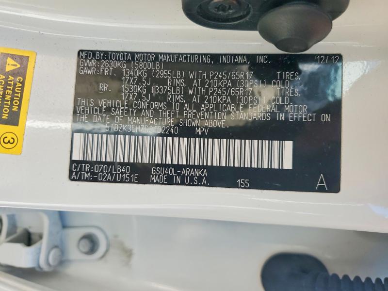 Aukcja sprzedaży 2013 Toyota Highlander, vin: 5TDZK3EH7DS102240, numer aukcji: 54888366