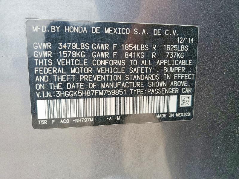52395496 :رقم المزاد ، 3HGGK5H87FM759851 vin ، 2015 Honda Fit مزاد بيع