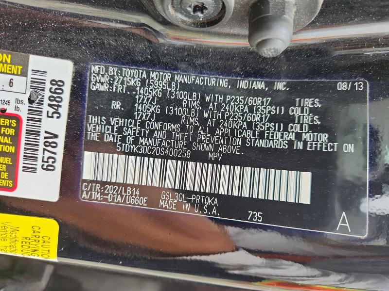 Aukcja sprzedaży 2013 Toyota Sienna, vin: 5TDYK3DC2DS400258, numer aukcji: 54291556