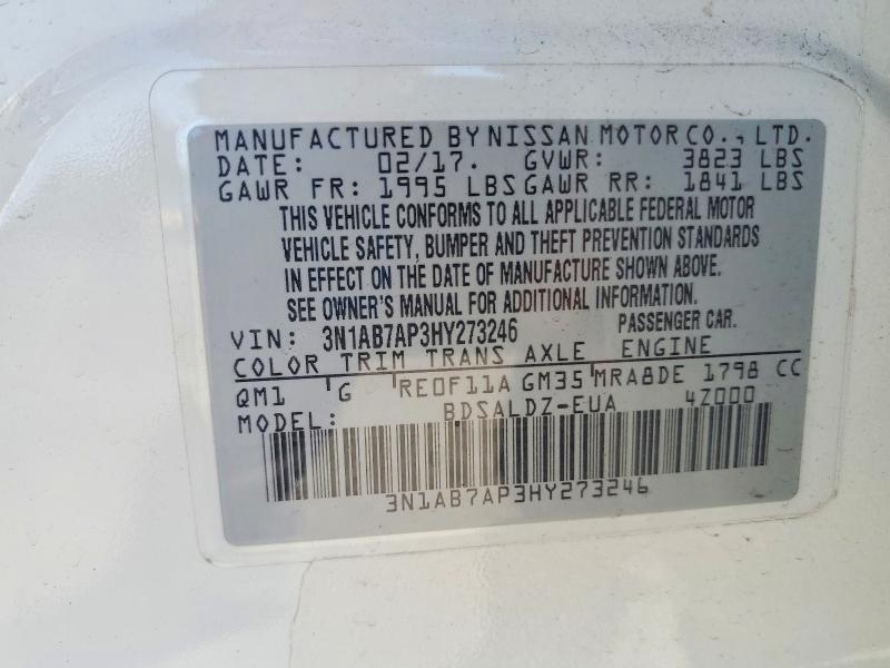 2017 Nissan Sentra მანქანა იყიდება აუქციონზე, vin: 3N1AB7AP3HY273246, აუქციონის ნომერი: 54188276