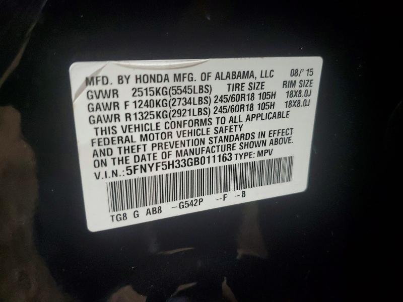 Продажа на аукционе авто 2016 Honda Pilot, vin: 5FNYF5H33GB011163, номер лота: 54074616