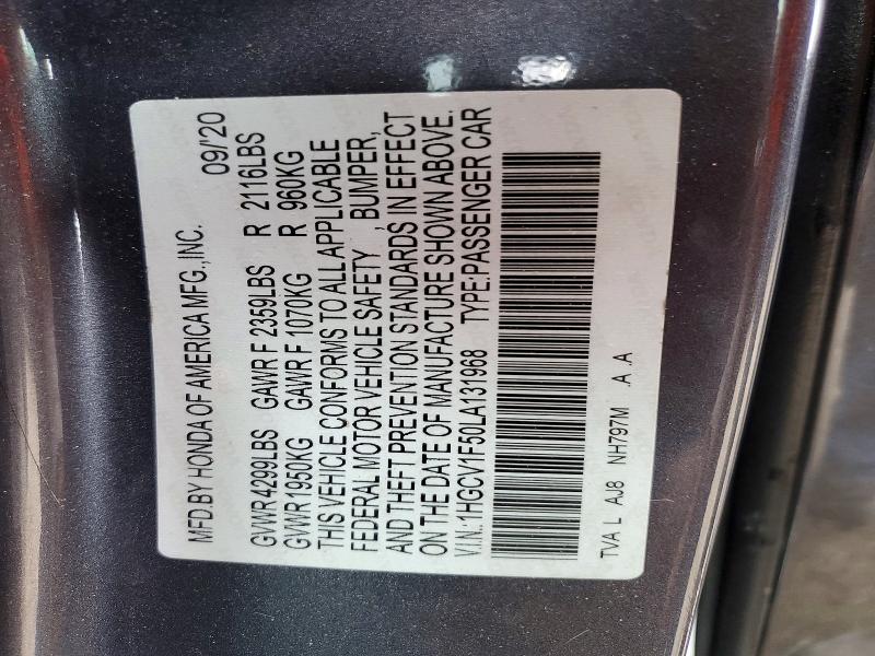 2020 Honda Accord მანქანა იყიდება აუქციონზე, vin: 1HGCV1F50LA131968, აუქციონის ნომერი: 51855556
