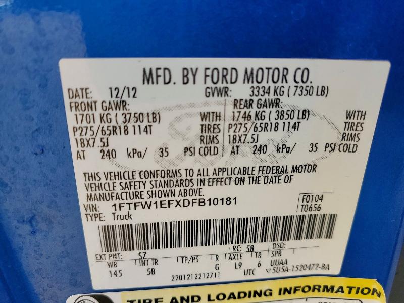 2013 Ford F150 მანქანა იყიდება აუქციონზე, vin: 1FTFW1EFXDFB10181, აუქციონის ნომერი: 52491856