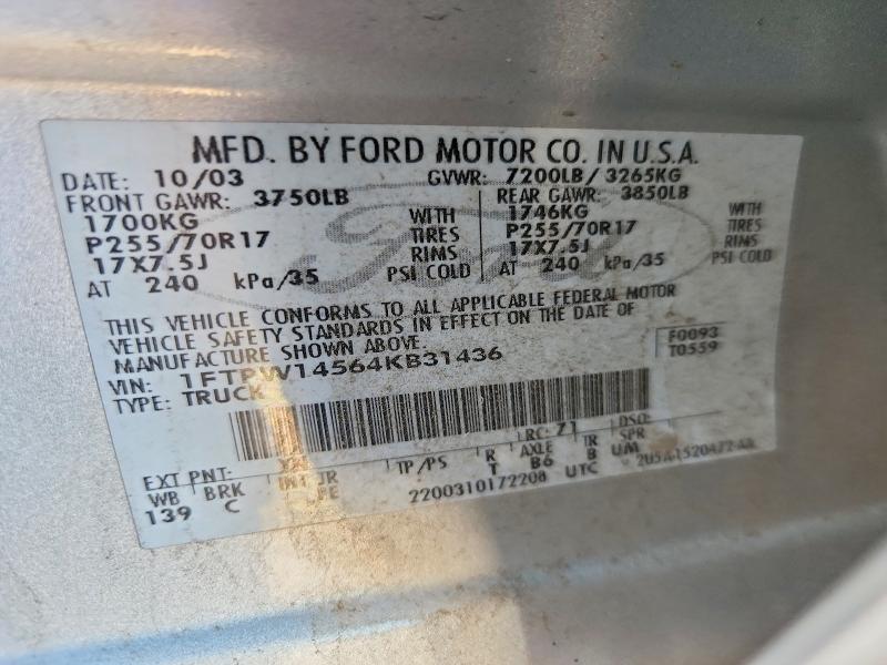 53784326 :رقم المزاد ، 1FTPW14564KB31436 vin ، 2004 Ford F150 مزاد بيع