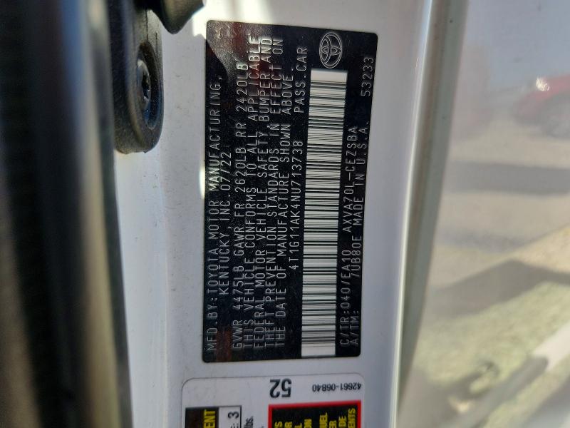 52810406 :رقم المزاد ، 4T1G11AK4NU713738 vin ، 2022 Toyota Camry مزاد بيع