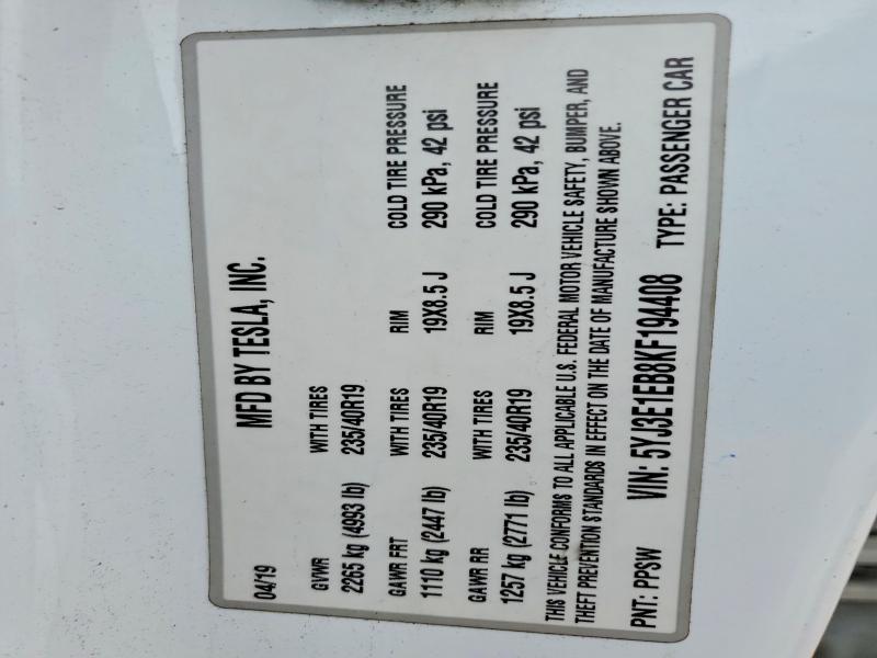 2019 Tesla Mdl 3 მანქანა იყიდება აუქციონზე, vin: 5YJ3E1EB8KF194408, აუქციონის ნომერი: 52954126