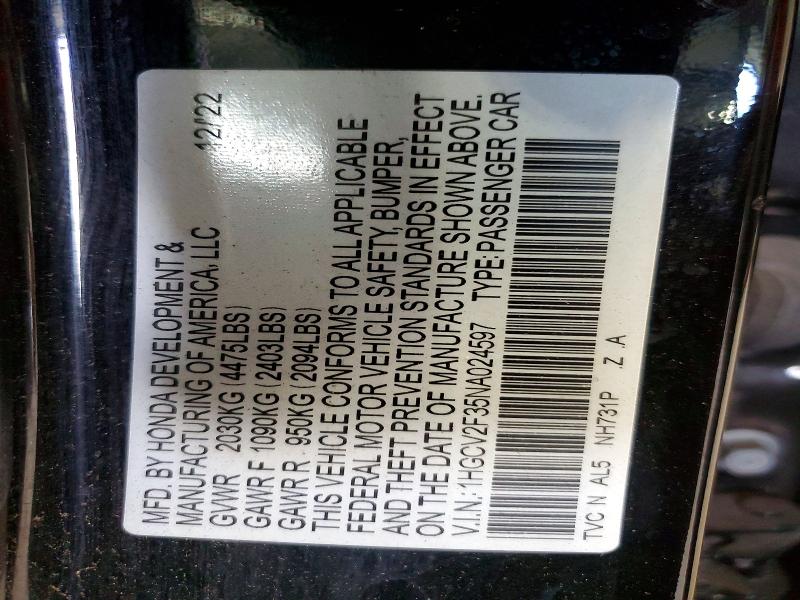 2022 Honda Accord მანქანა იყიდება აუქციონზე, vin: 1HGCV2F35NA024597, აუქციონის ნომერი: 54637106