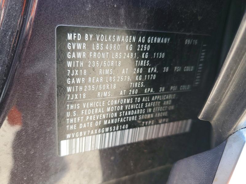 53212706 :رقم المزاد ، WVGBV7AX6GW538140 vin ، 2016 Volkswagen Tiguan مزاد بيع
