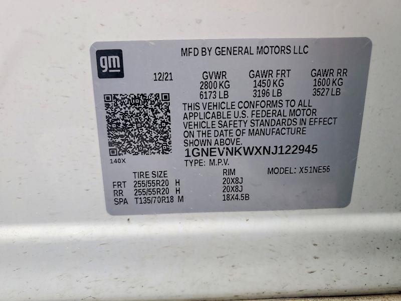 2022 Chevrolet Traverse მანქანა იყიდება აუქციონზე, vin: 1GNEVNKWXNJ122945, აუქციონის ნომერი: 51623586