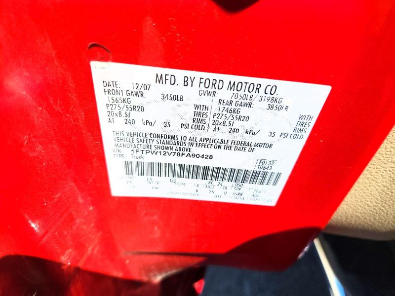52001786 :رقم المزاد ، 1FTPW12V78FA90428 vin ، 2008 Ford F150 مزاد بيع