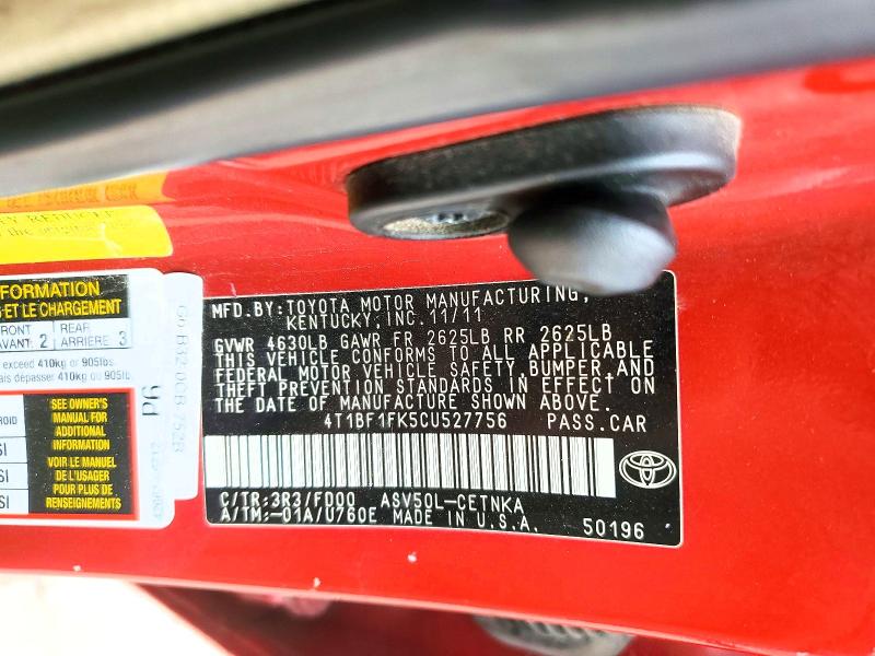 Aukcja sprzedaży 2012 Toyota Camry, vin: 4T1BF1FK5CU527756, numer aukcji: 52909226