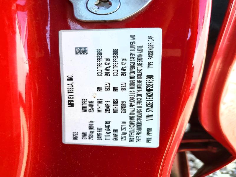 53128136 :رقم المزاد ، 5YJ3E1EA2NF287890 vin ، 2022 Tesla Model 3 مزاد بيع