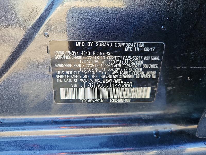 50583736 :رقم المزاد ، JF2GTACC0JH220860 vin ، 2018 Subaru Crosstrek مزاد بيع