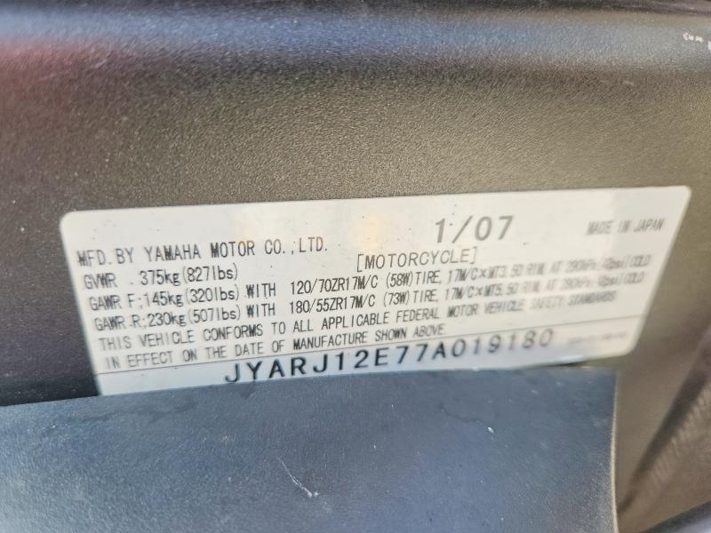 Aukcja sprzedaży 2007 Yamaha Yzfr6, vin: JYARJ12E77A019180, numer aukcji: 54243016