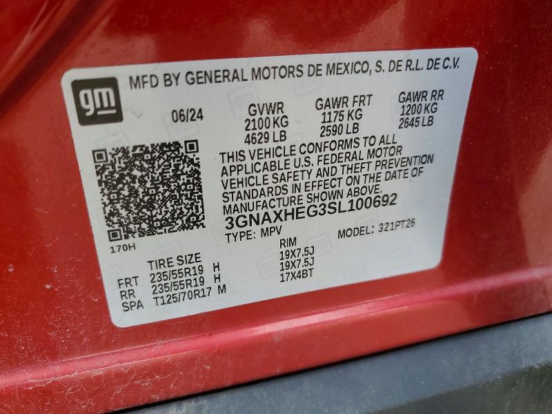 2025 Chevrolet Equinox მანქანა იყიდება აუქციონზე, vin: 3GNAXHEG3SL100692, აუქციონის ნომერი: 52917946