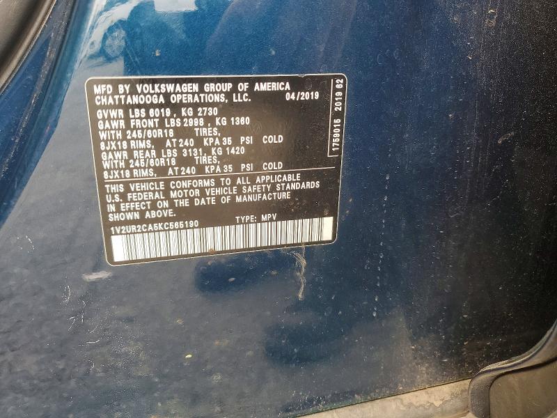 55074356 :رقم المزاد ، 1V2UR2CA5KC565190 vin ، 2019 Volkswagen Atlas مزاد بيع