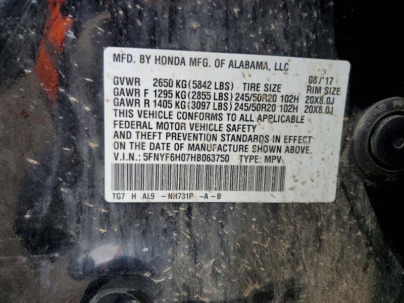 2017 Honda Pilot მანქანა იყიდება აუქციონზე, vin: 5FNYF6H07HB063750, აუქციონის ნომერი: 53765856