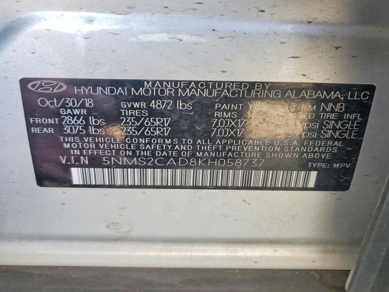 Продаж на аукціоні авто 2019 Hyundai Santa Fe, vin: 5NMS2CAD8KH058737, номер лоту: 53540986