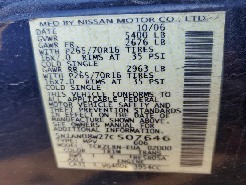Aukcja sprzedaży 2007 Nissan Xterra, vin: 5N1AN08W27C507646, numer aukcji: 53842986