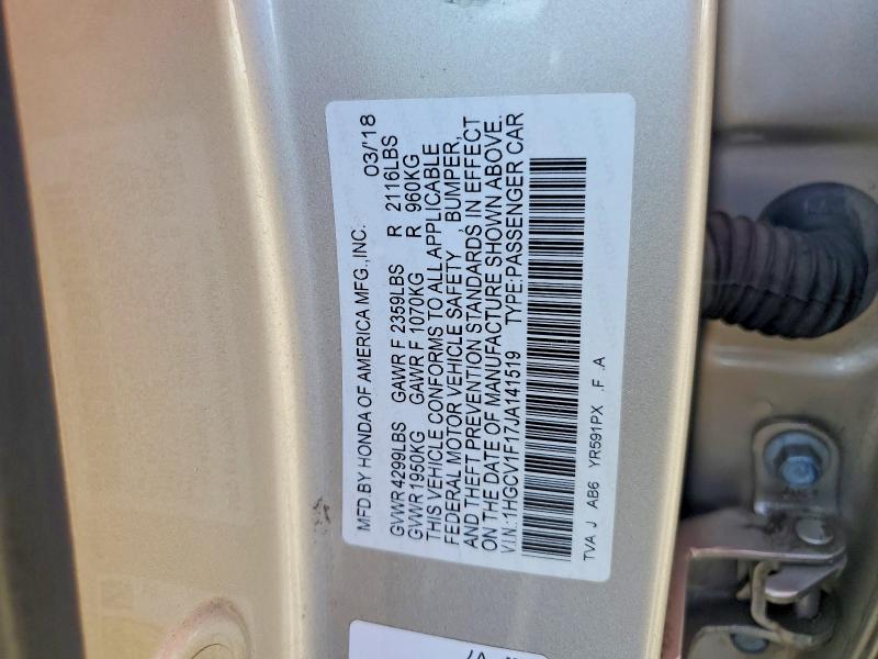 2018 Honda Accord მანქანა იყიდება აუქციონზე, vin: 1HGCV1F17JA141519, აუქციონის ნომერი: 54481166