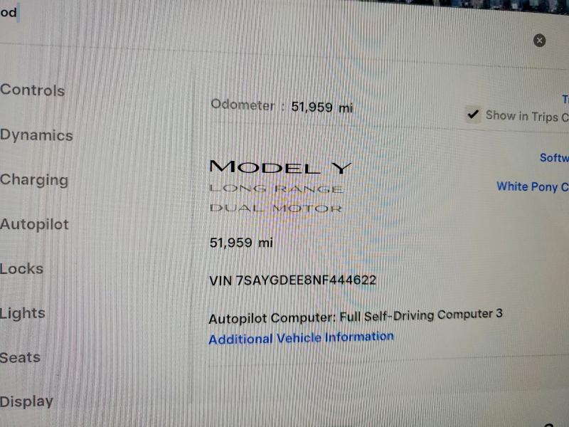 Aukcja sprzedaży 2022 Tesla Model Y, vin: 7SAYGDEE8NF444622, numer aukcji: 51157616