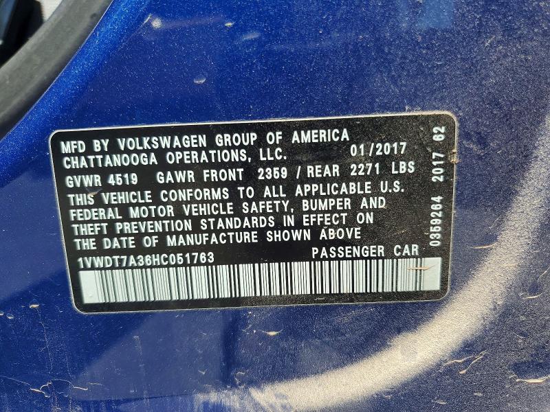 Продажа на аукционе авто 2017 Volkswagen Passat, vin: 1VWDT7A36HC051763, номер лота: 52770126