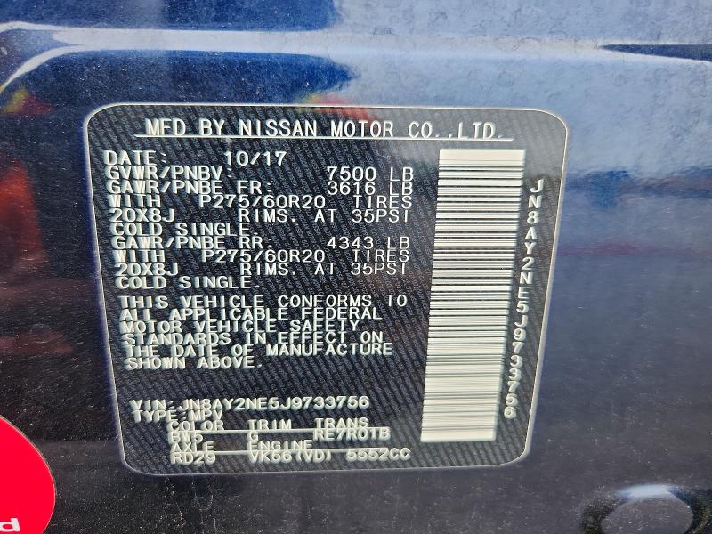 52490466 :رقم المزاد ، JN8AY2NE5J9733756 vin ، 2018 Nissan Armada مزاد بيع