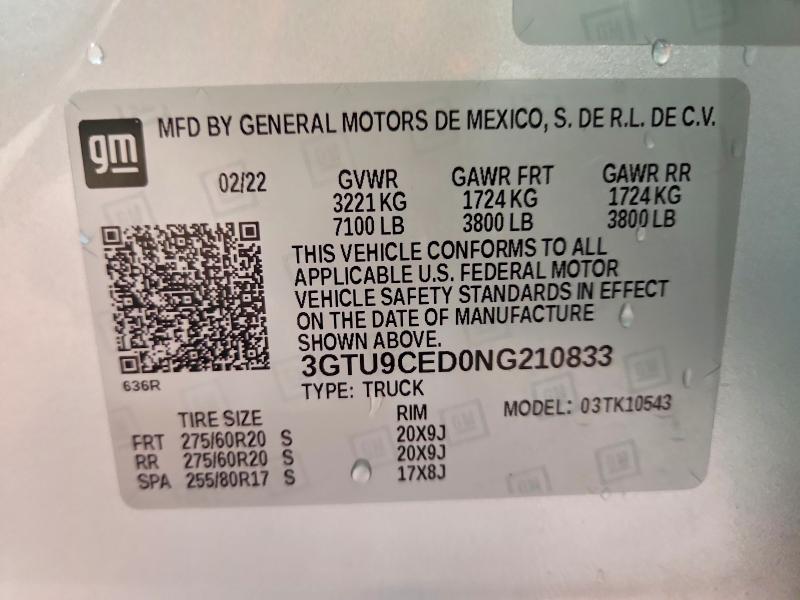 Продаж на аукціоні авто 2022 Gmc Sierra Limited, vin: 3GTU9CED0NG210833, номер лоту: 53652446